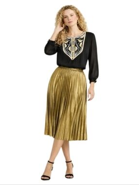 Bob Mackie Black Gold Embroidered Blouse Sheer Sleeve L